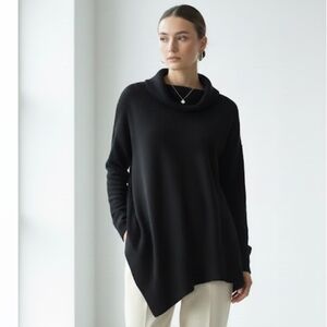 Modern Minimalist Black Asymmetrical Cowl Neck Long Sleeve Top Clean Line Size L